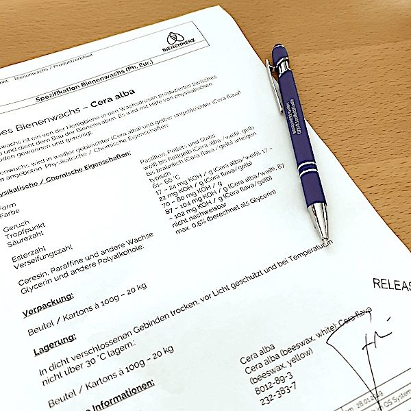 Analysenzertifikat für das Bienenwachs von Bienenherz