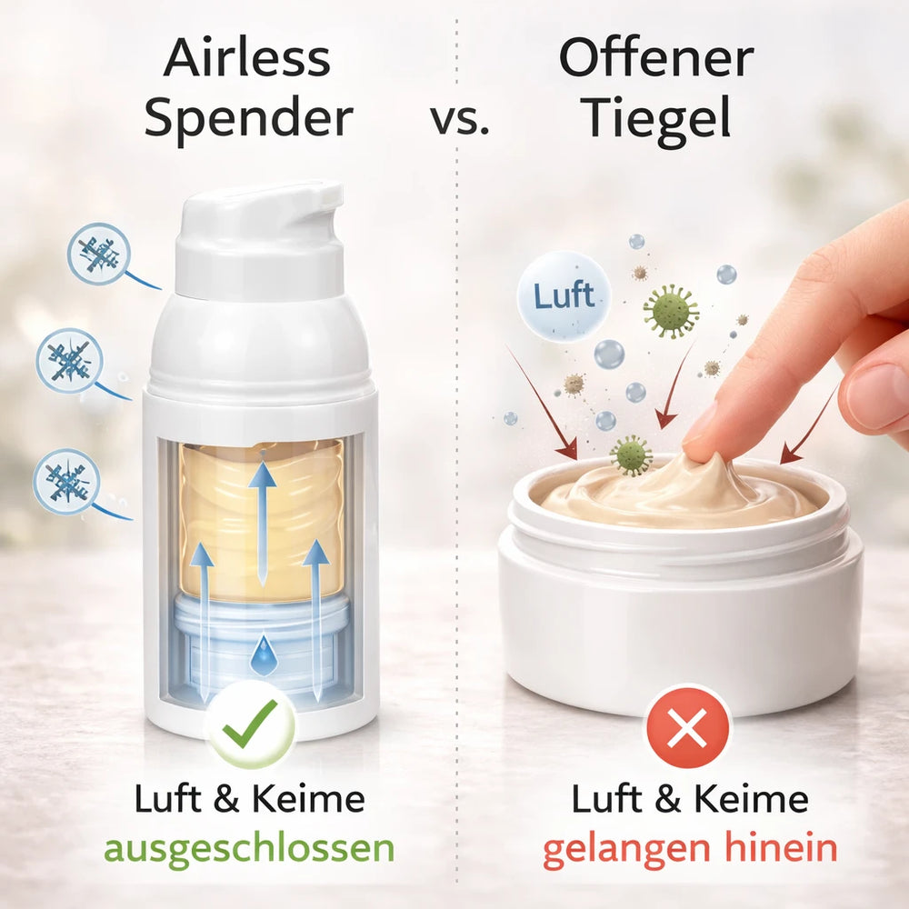 Airless-Spender im Vergleich zum offenen Tiegel
