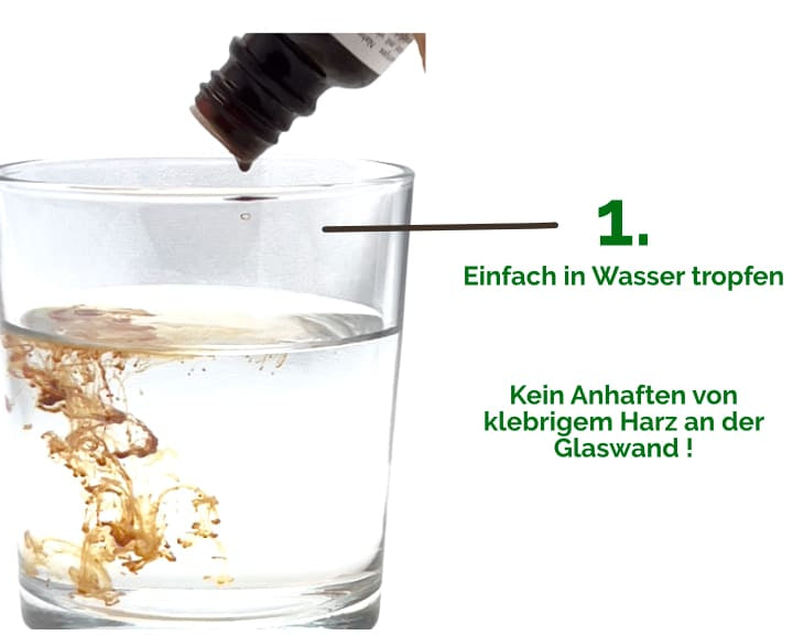 Schritt 1 in der Verwendung von Propolislösung - Lösung in ein Glas Wasser tropfen