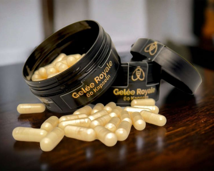 Unsere hochwertigen Gelee Royale Kapseln in dunkler Verpackung von Bienenherz