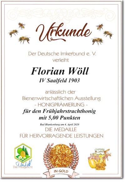 DIB-Urkunde – 5.0 Bestnote für Bienenherz-Honig