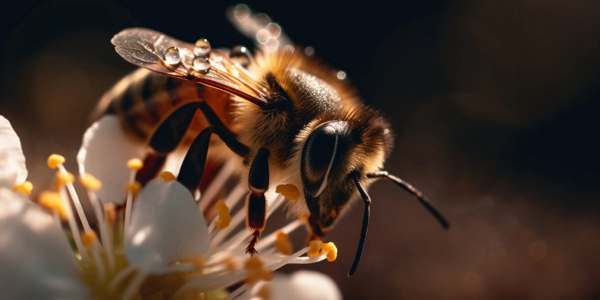 Biene, Nahaufnahme beim Sammeln von Pollen an einer weißen Blüte