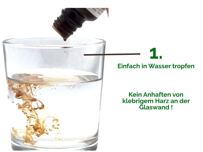 Schritt 1 in der Verwendung von Propolislösung - Lösung in ein Glas Wasser tropfen