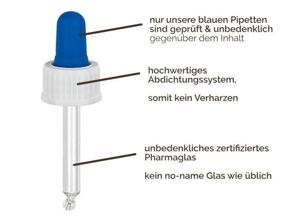 Unsere geprüften und unbedenklichen blauen Pipetten von Bienenherz mit zertifiziertem Pharmaglas