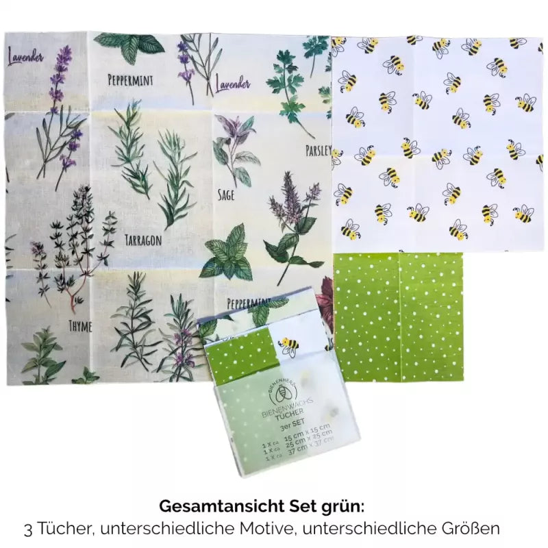 Bienenwachstücher von Bienenherz mit Kräutern und Bienen als praktisches Set
