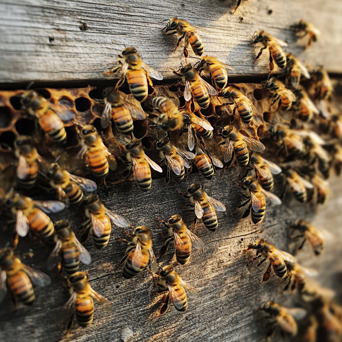 Ein Bienenschwarm an Honigbienen an einem Nistkasten aus Holz bei der Wabenpflege