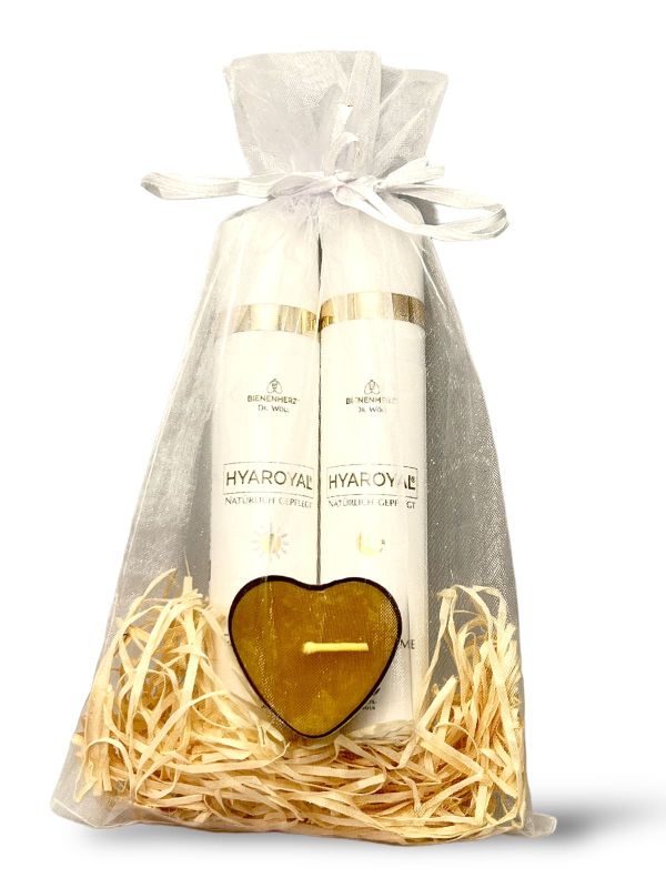 Hübsches Hyaroyal Geschenkset mit Gesichtspflege für Tag und Nacht von Bienenherz inkl. Bienenwachskerze.