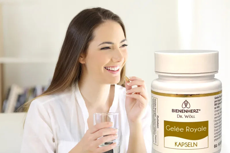 Natürlich schön und vital mit den Gelee Royale Kapseln von Bienenherz. So steigern Sie Ihr Wohlbefinden.