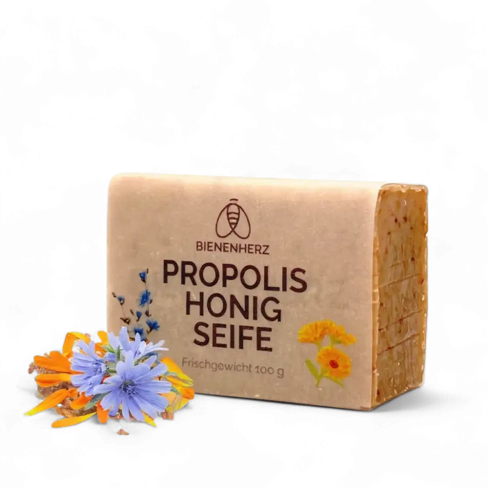 Propolis Seifenstück mit Blumen und Honig für schäumende und natürliche Reinigung