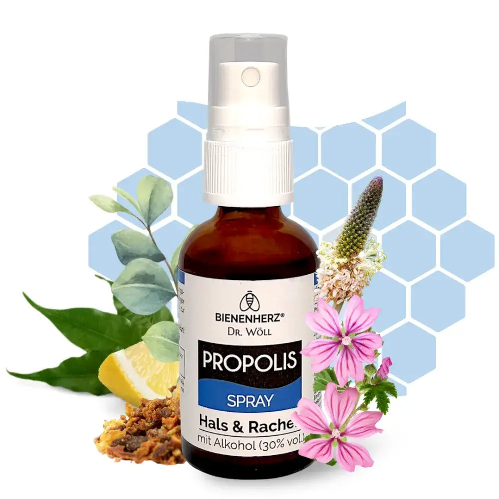 Hals- und Rachenspray mit Propolis von Bienenherz. Mit Alkohol zur Unterstützung und Entzündungshemmung.