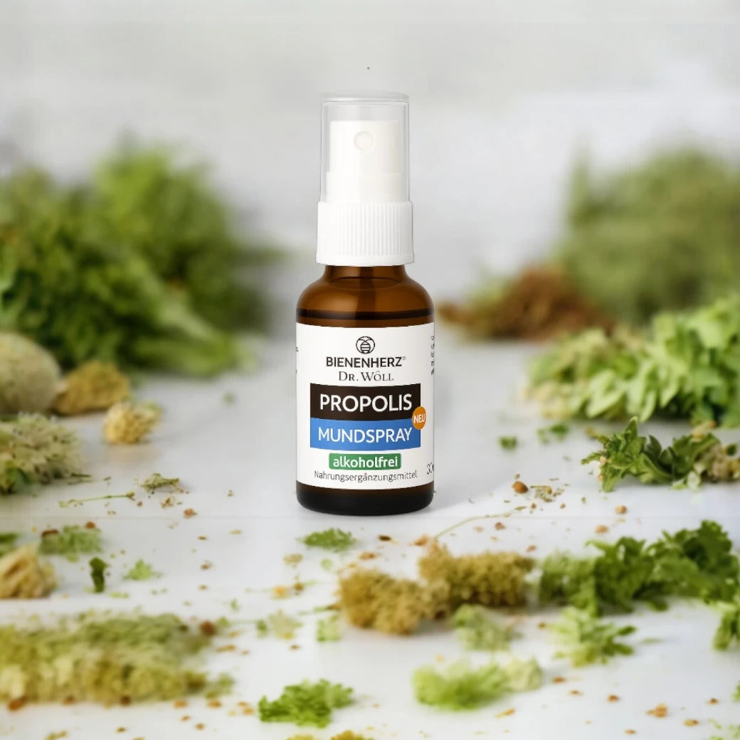 Hochwertig und natürlich: das Propolis Mundspray ohne Alkohol von Bienenherz - Mundraumpflege und Nahrungsergänzungsmittel mit Honig