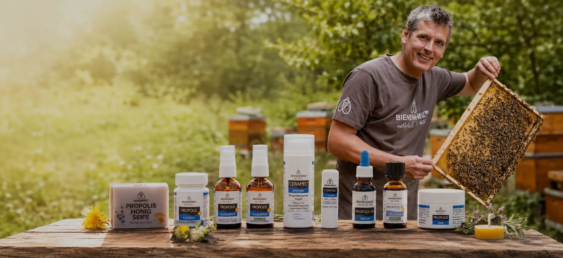 .Dr. Wöll mit einer Bienenwabe hinter aufgereihten Propolis Produkten von Bienenherz