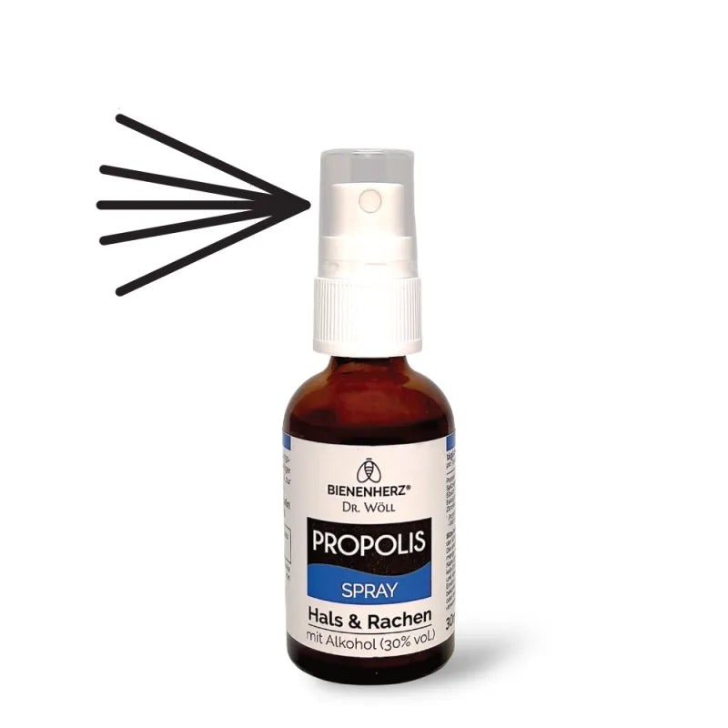 Propolis Rachenspray mit Alkohol, Eukalyptus und Spitzwegerich für eine natürliche Schleimhaut und Reduzierung von Entzündungen - Bienenherz