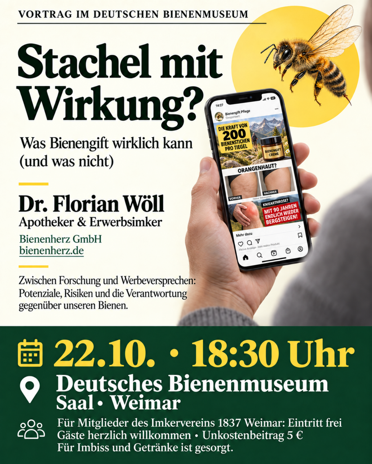 Flyer zum Vortrag Stachel mit Wirkung im Deutschen Bienenmuseum Weimar