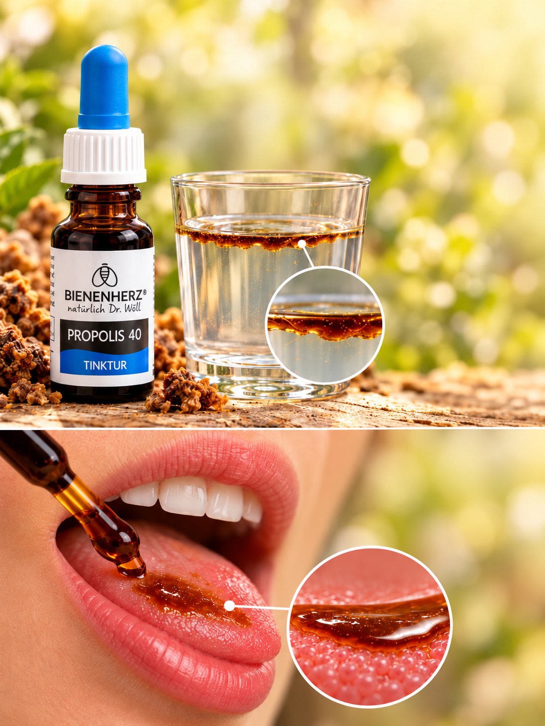 KI-Illustration: Propolis-Tinktur und Wasserglas mit Harzfilm